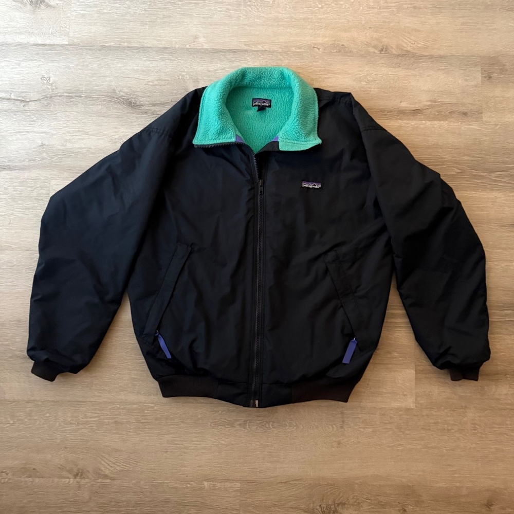 Patagonia Kids Black & Teal 90’s Vintage Bomber Jacket Retro Size 12